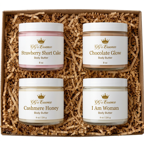 Four-body-butter gift-set mockup in a brown box filled with light-brown confetti